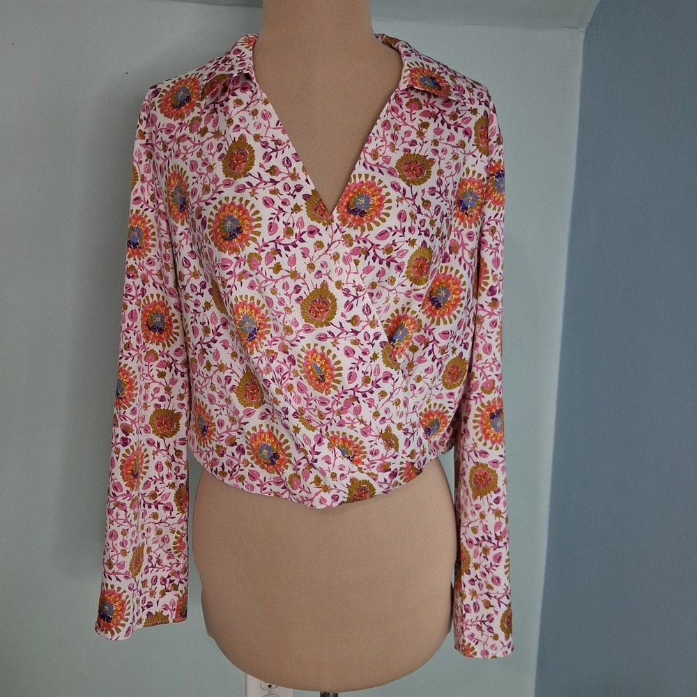 BUNULU Boho Chic Floral Mandala Wrap Front Crop Top Bell Sleeve Pink Orange Sz M